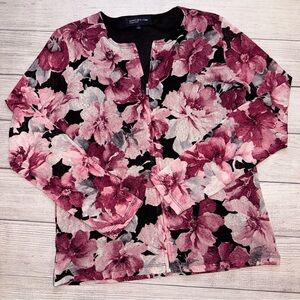 Jones New York Pink and Black Floral Zip Cardigan